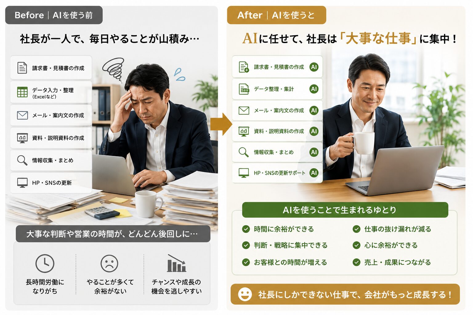 AIを使う前とAIを活用した後の業務効率化イメージ