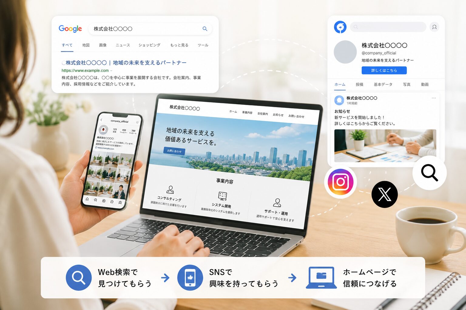 Web検索・SNS・ホームページを活用したWeb集客のイメージ